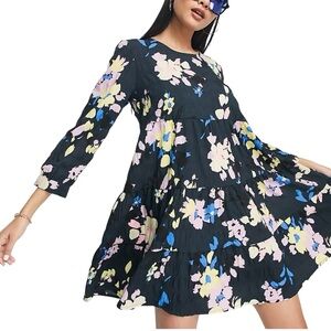Only Black Floral Tiered Long-Sleeve Dress with Pink, Blue & Cream Blooms